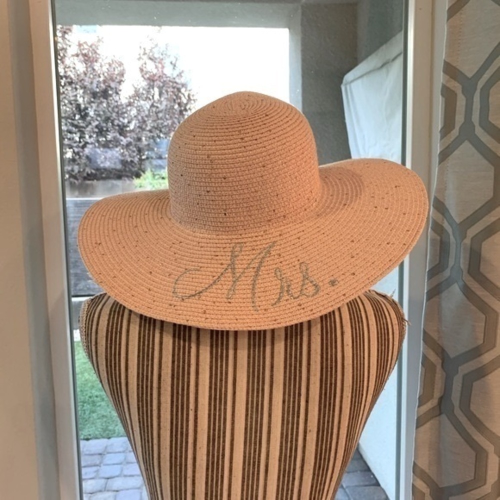 Pale Pink Sequin Mrs. Newlywed Honeymoon Wide Brim Sun Hat